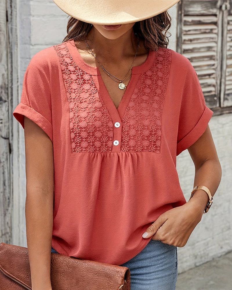 Lace Panel V-Neck Short Sleeve Blouse
