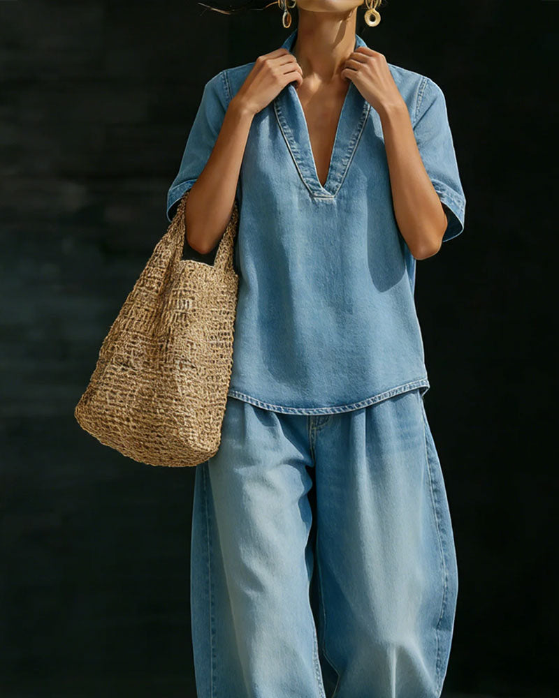 Washed Denim V-Neck Set