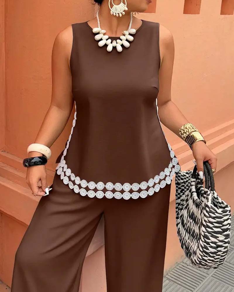 Sleeveless Crew Neck Top Wide Leg Long Pants Set