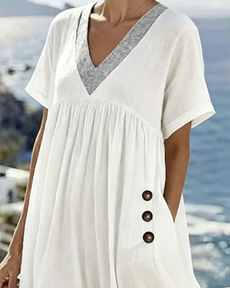 V-Neck Color Blocking Gathers Babydoll Dress