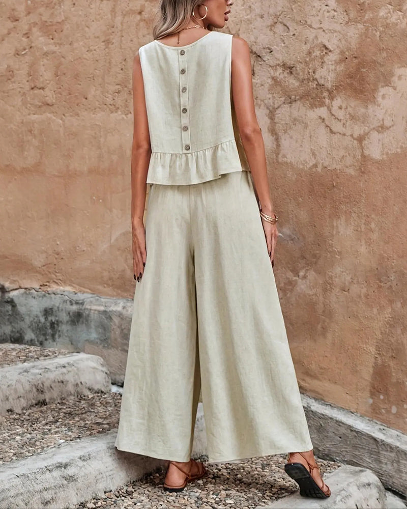Sleeveless Round Neck Ruffle Wide Leg Set