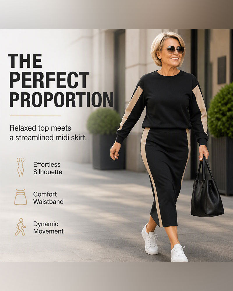 Crew Neck Color-Block Skirt Set