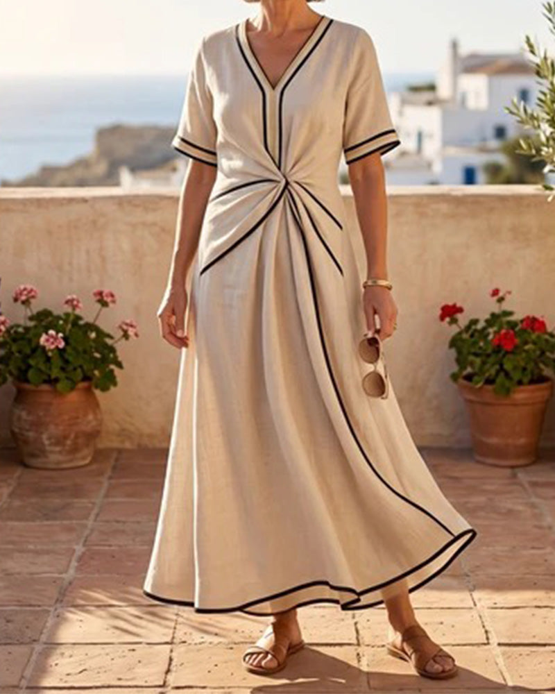 V-Neck Twist Line Full Skirt Dress
