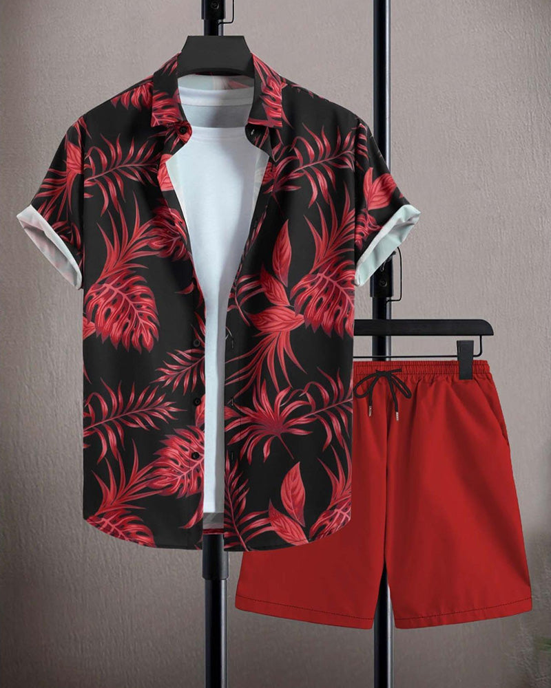 Lapel Palm Leaf Print Short-Sleeve Sets
