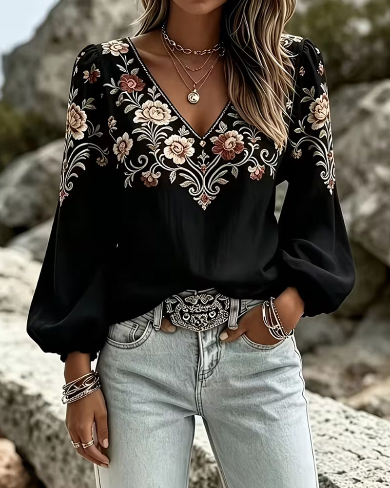 V-Neck Floral Casual Blouse