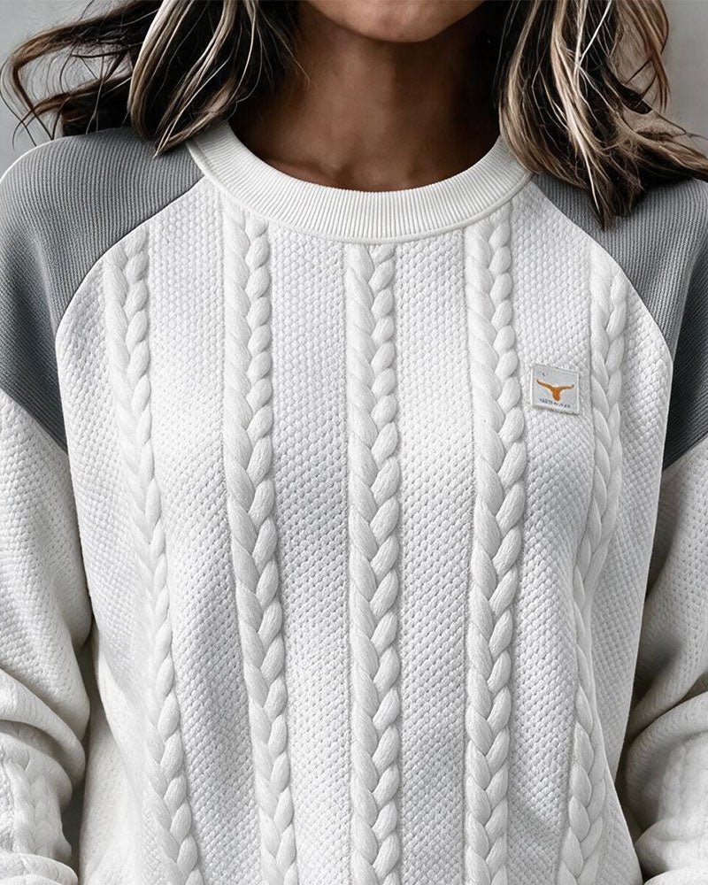 Crew Neck Cable Knit Color Block Sweatshirt
