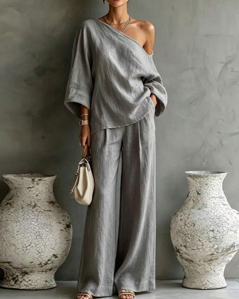 One-Shoulder Asymmetrical Wide Leg Pants Set