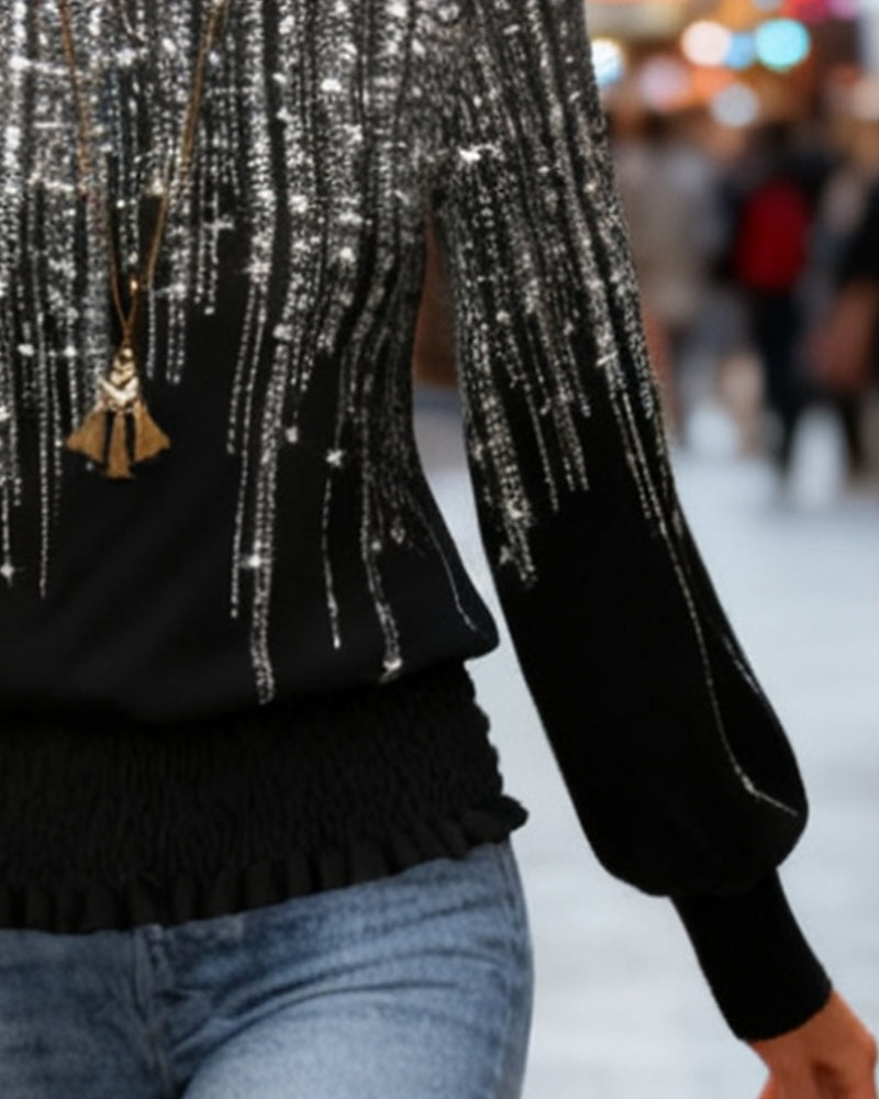 Round Neck Fashionable Printed Long-Sleeved Top