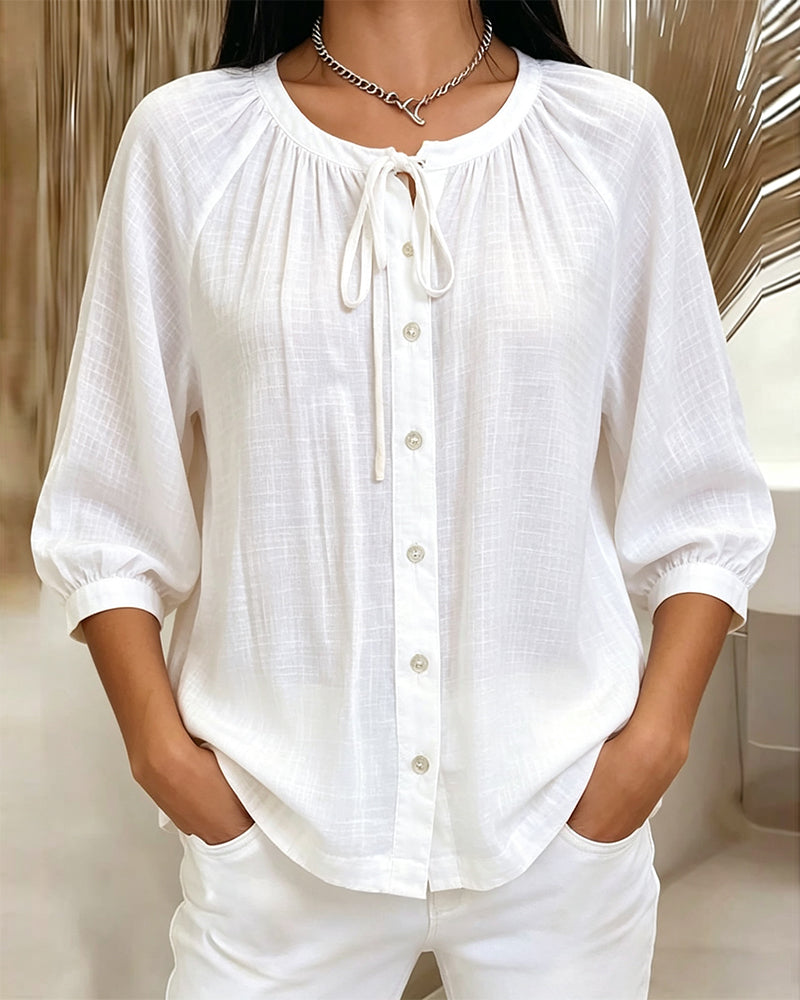 Round Neck Solid Color Blouse