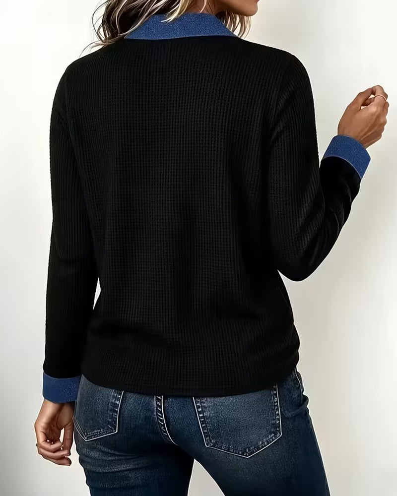 Relaxed Denim Collar Panel Long Sleeve Blouse