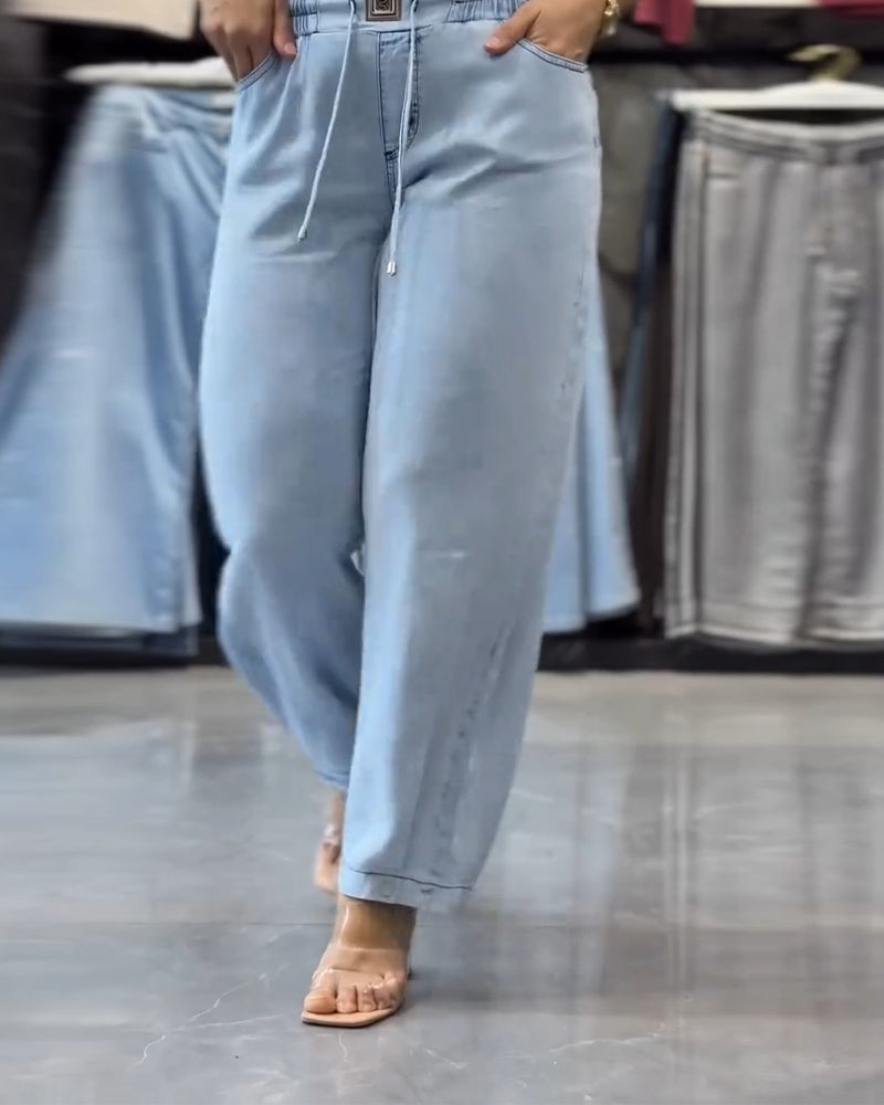 Elastic Waist Solid Straight Leg Long Pant