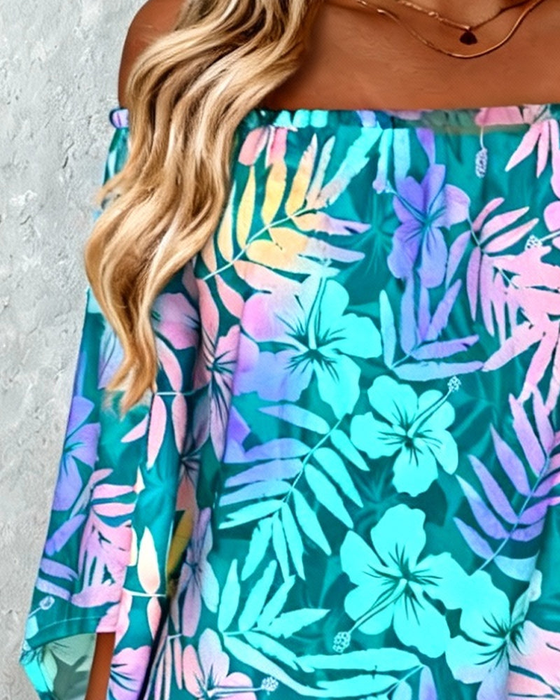 Off-The-Shoulder Batwing Sleeve Printed Blouse