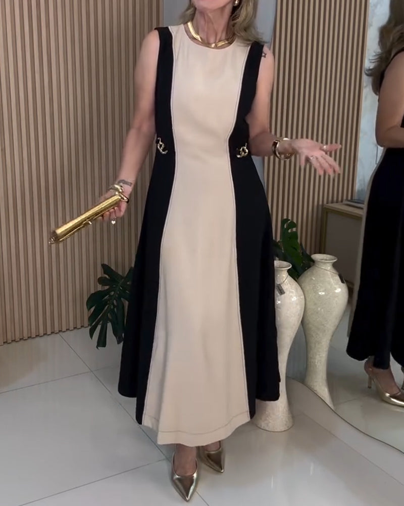 Sleeveless Contrast Color Elegant Waist Dress