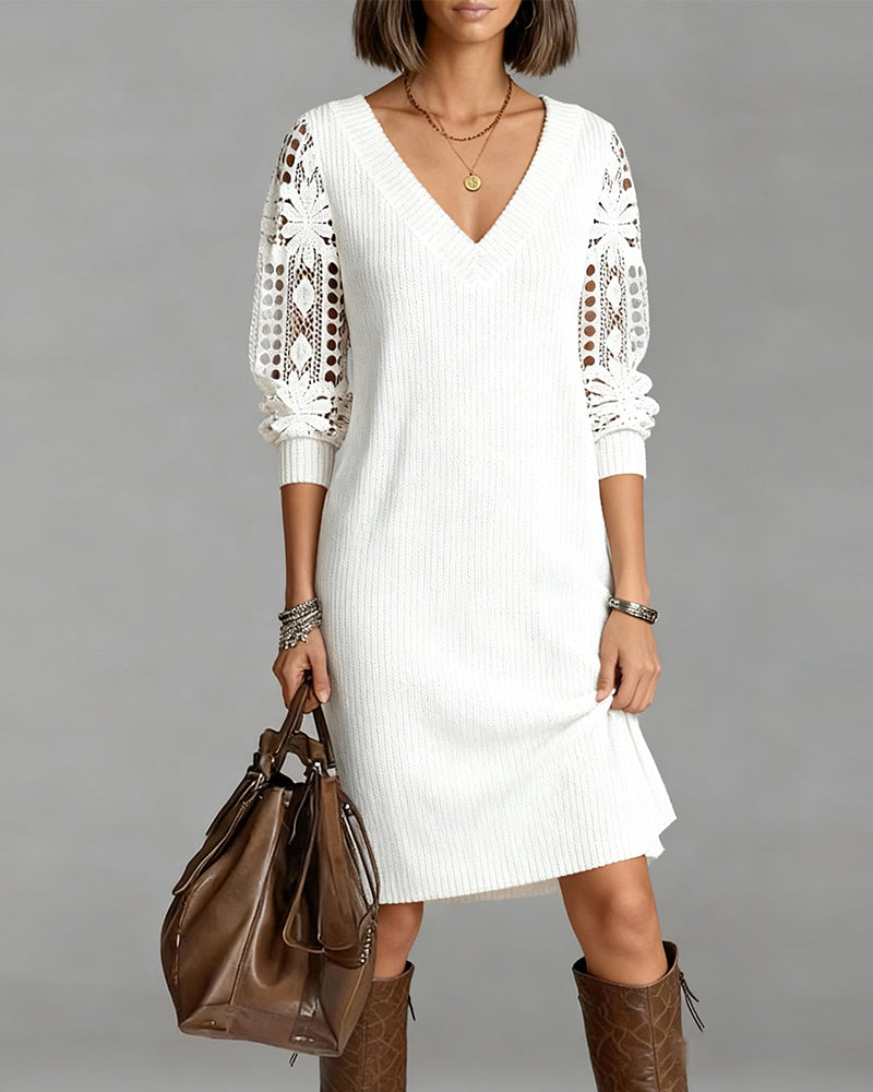 Lace Long-Sleeved V-Neck Fashion Dress