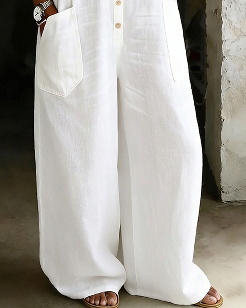 100% Cotton Lapel Collar Casual Wide Leg Jumpsuit