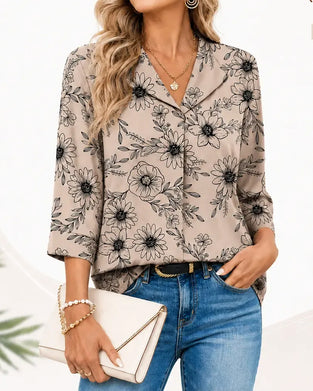 Ink Wash Floral Three-Quarter Lapel Blouse