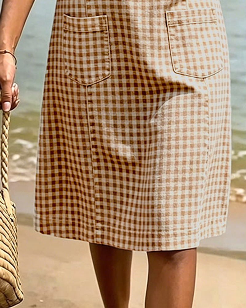 Small V-Neck Plaid Straight Dress