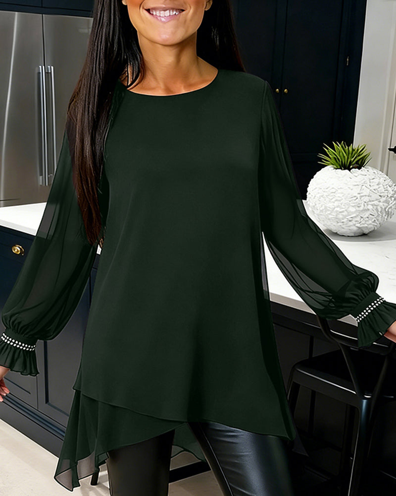 Beaded Puff Sleeve Crew Neck Blouse