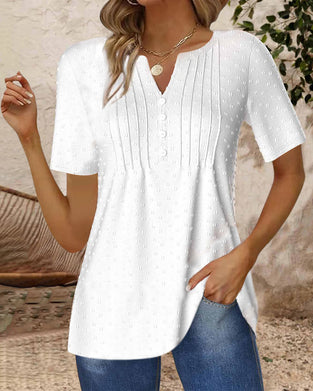 Simple solid color jacquard V-neck short-sleeved top