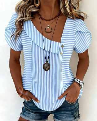 Striped Puff Sleeve Asymmetrical Blouse