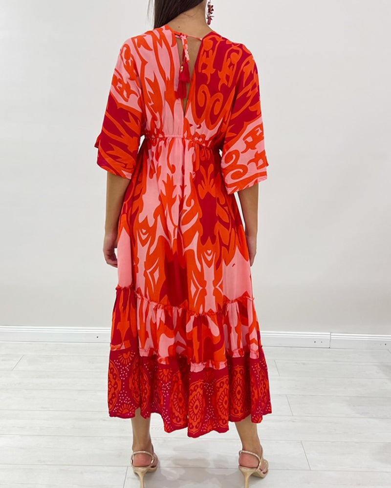 V-Neck Floral Print A-Line Dress