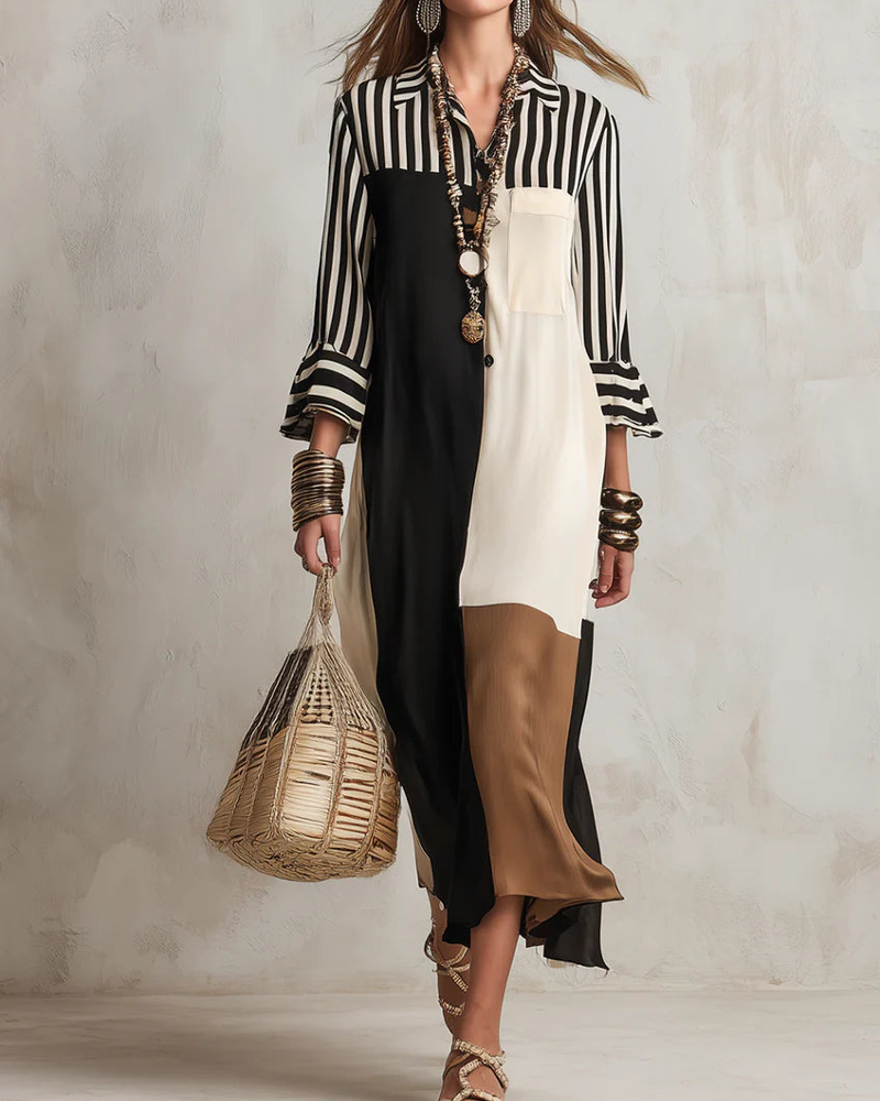 Color Block Striped Contrasting Shirt Dress