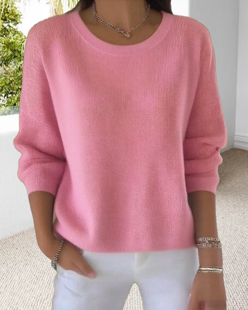 Solid Round Neck Drop Shoulder Sweater