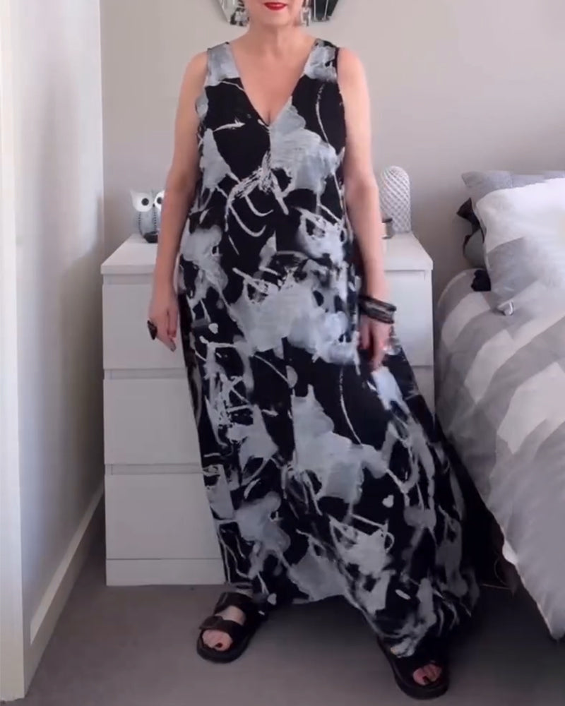 V-Neck Retro Print Sleeveless Dress