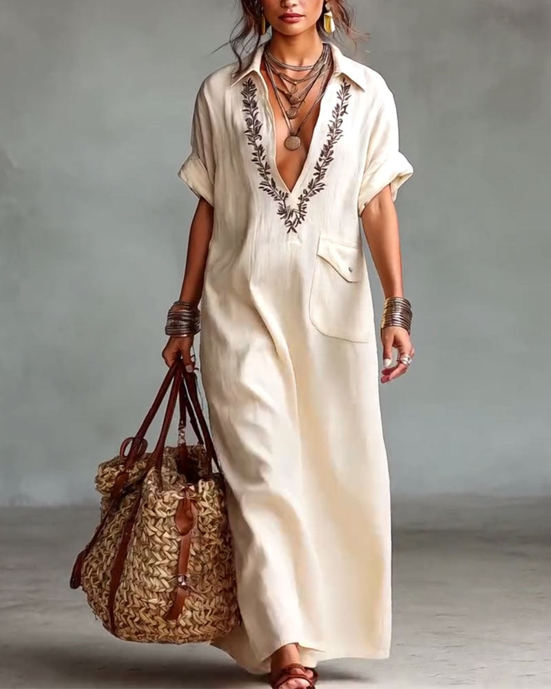 Deep V-Neck Embroidered Casual Long Dress