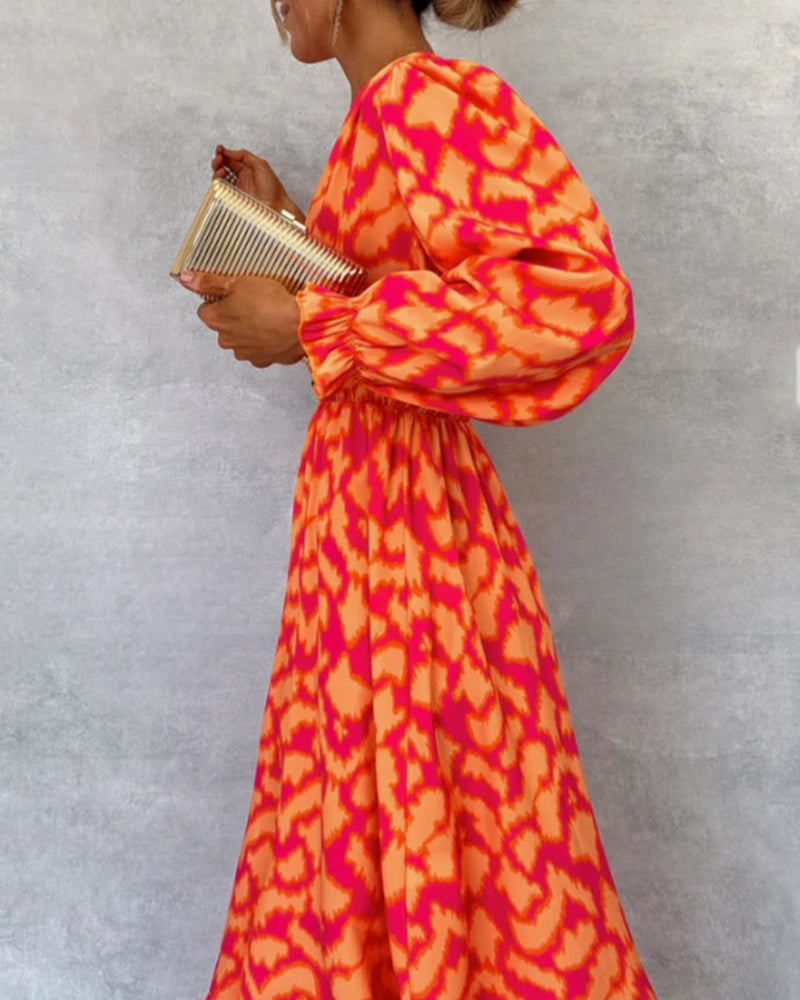 Stylish printed collar button slit puff sleeve dress