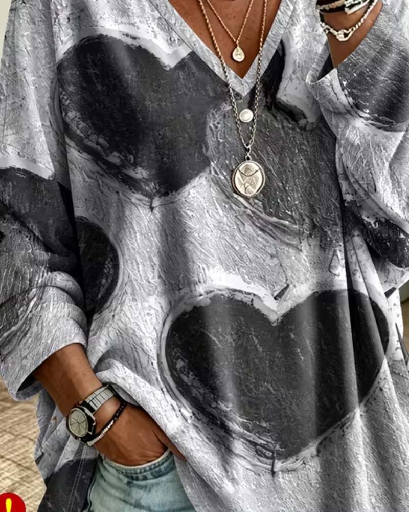 Heart Print V-Neck Loose Top
