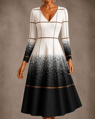 V-Neck Plaid Color Block Gradient Dress