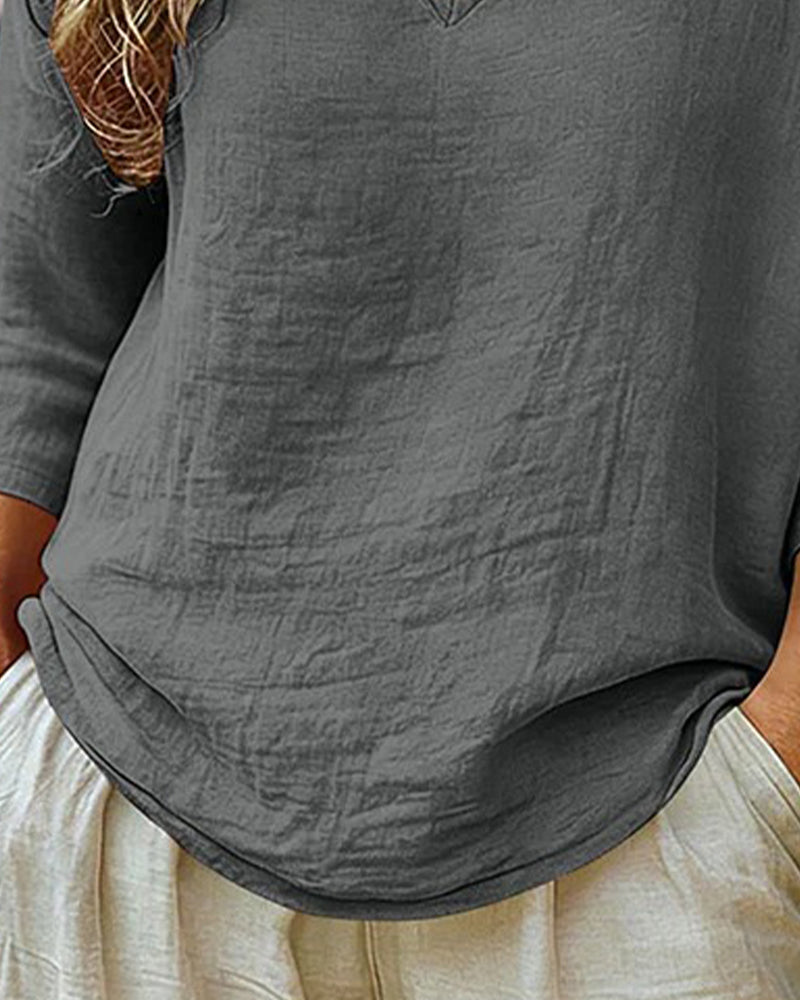 Drop-Shoulder V-Neck Three-Quarter Sleeve Blouse