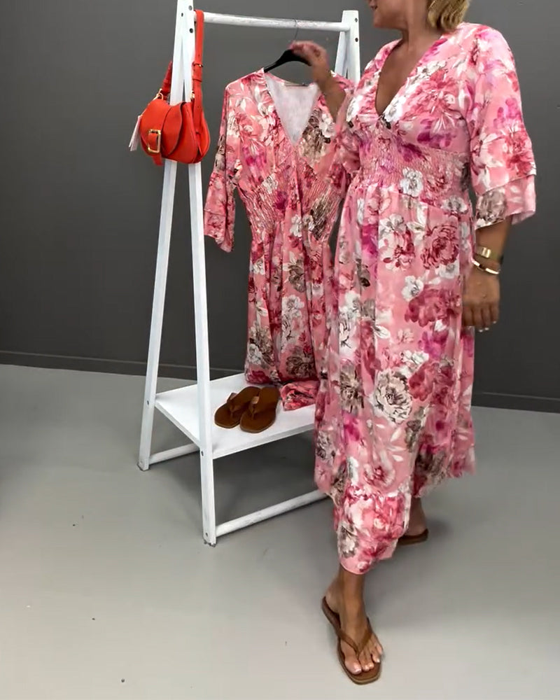 Deep V Double Layer Ruffle Floral  Dress