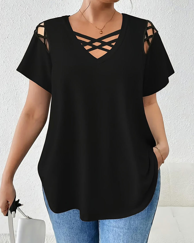 Solid Short Sleeve Crisscross Strap T-Shirt