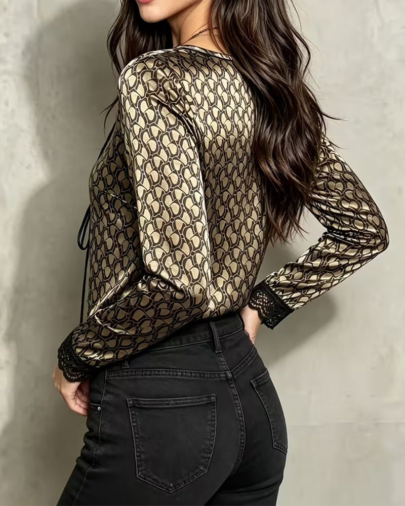 Lace V-Neck Drawstring Floral Blouse