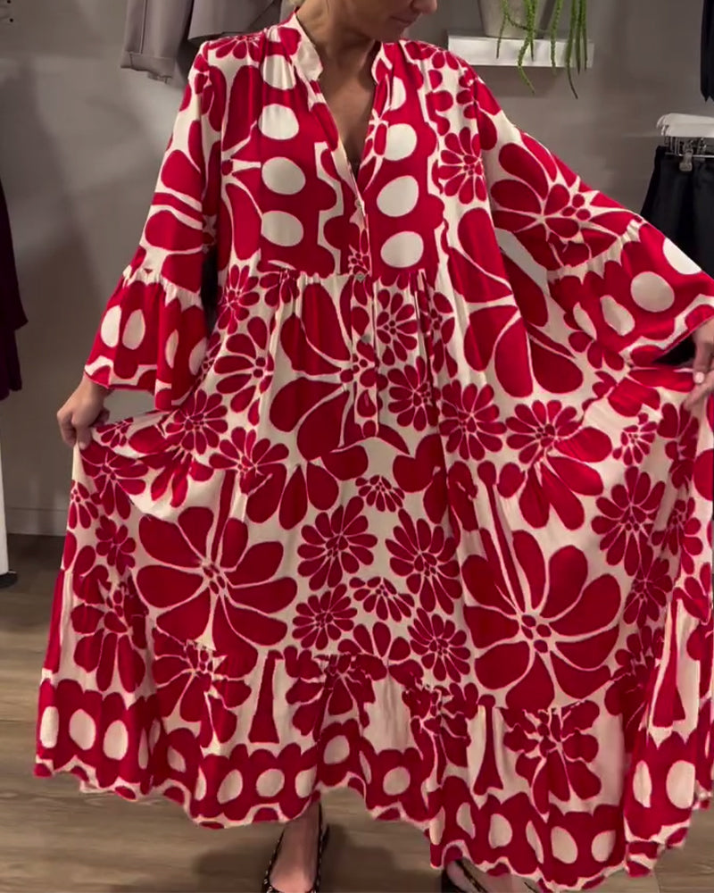 V-Neck Loose Plus Size Floral Print Dress