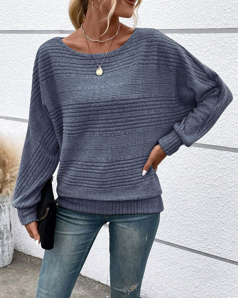 Solid Color Round Neck Long Sleeve Striped Top