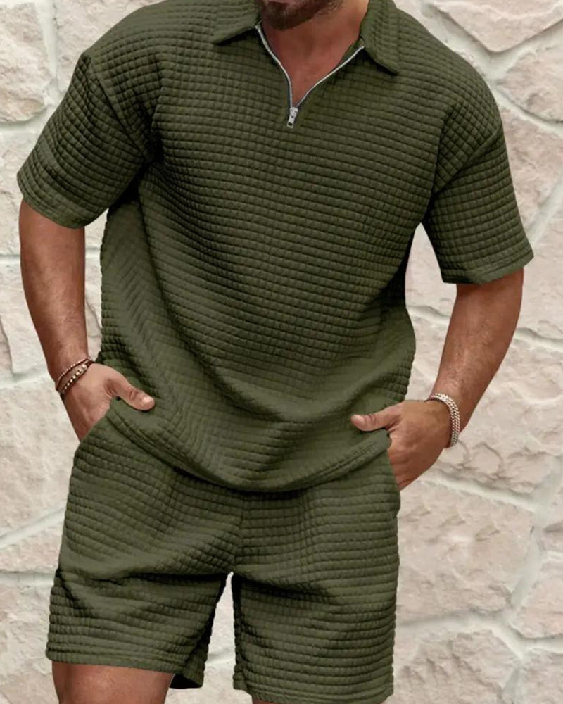 Polo Collar Zip Waffle Texture Shorts Set