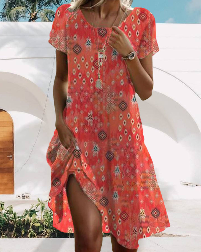 Printed crew neck short sleeve dress