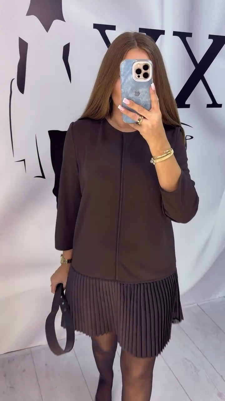 Three-Quarter Sleeve Accordion Pleated Dress