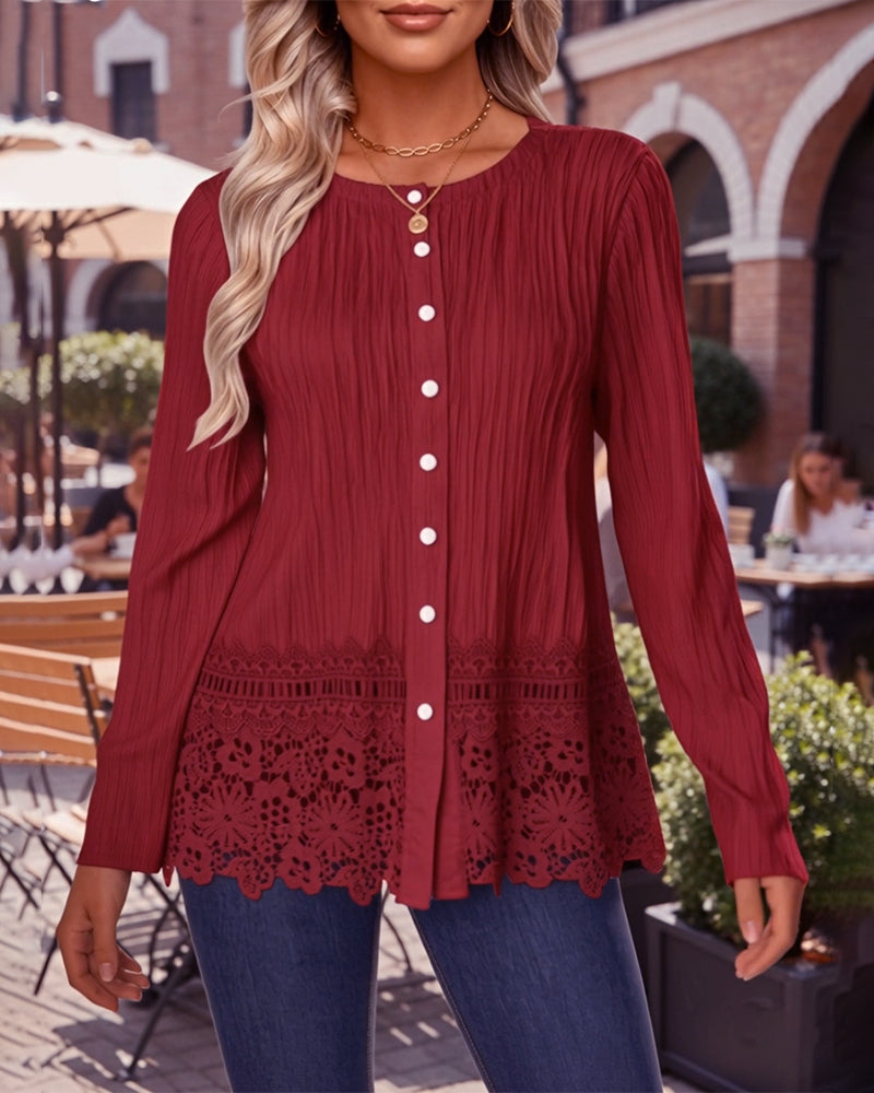 Lace-Trimmed Textured Fashion Blouse
