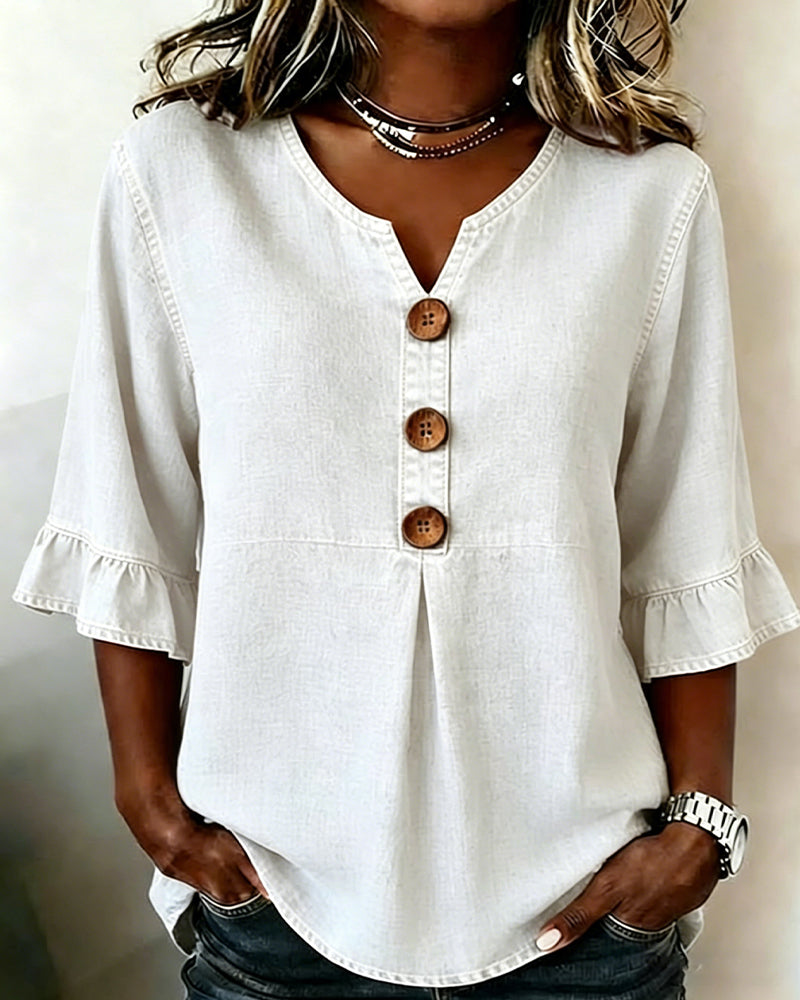 V-Neck Flared Sleeve Denim Blouse