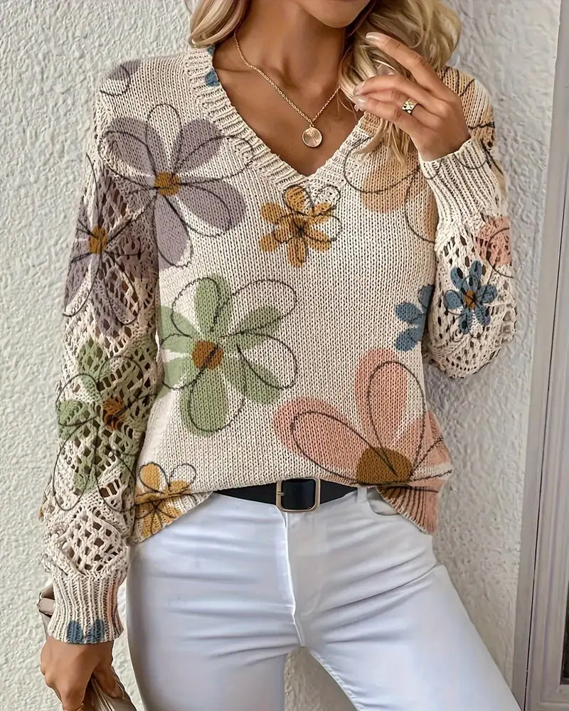 V-Neck Openwork Knit Sweater