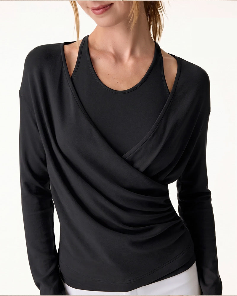 Halter Neck Cami Top Built In Bra Cross Long Sleeve Top Set