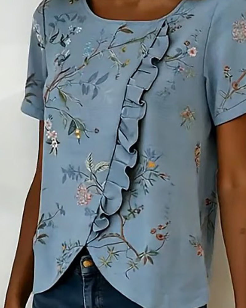 Crewneck Short Sleeve Ruffle Floral Blouse