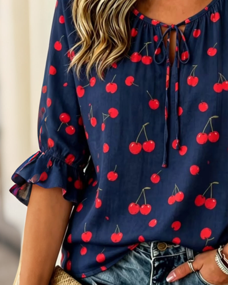 Cherry Print Tie 3/4 Sleeve Blouse