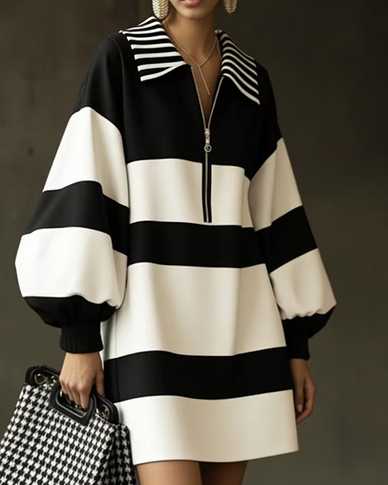 Lantern Sleeve Striped Lapel Zip Dress