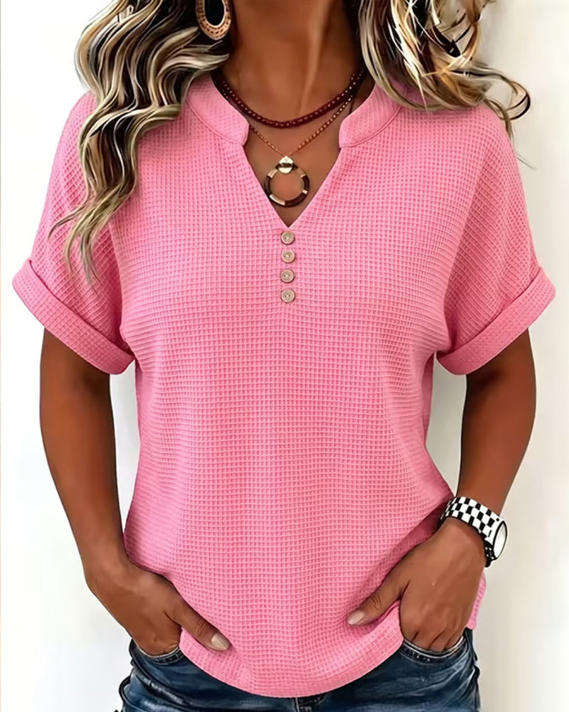 Small V-Neck Button Solid Waffle Top