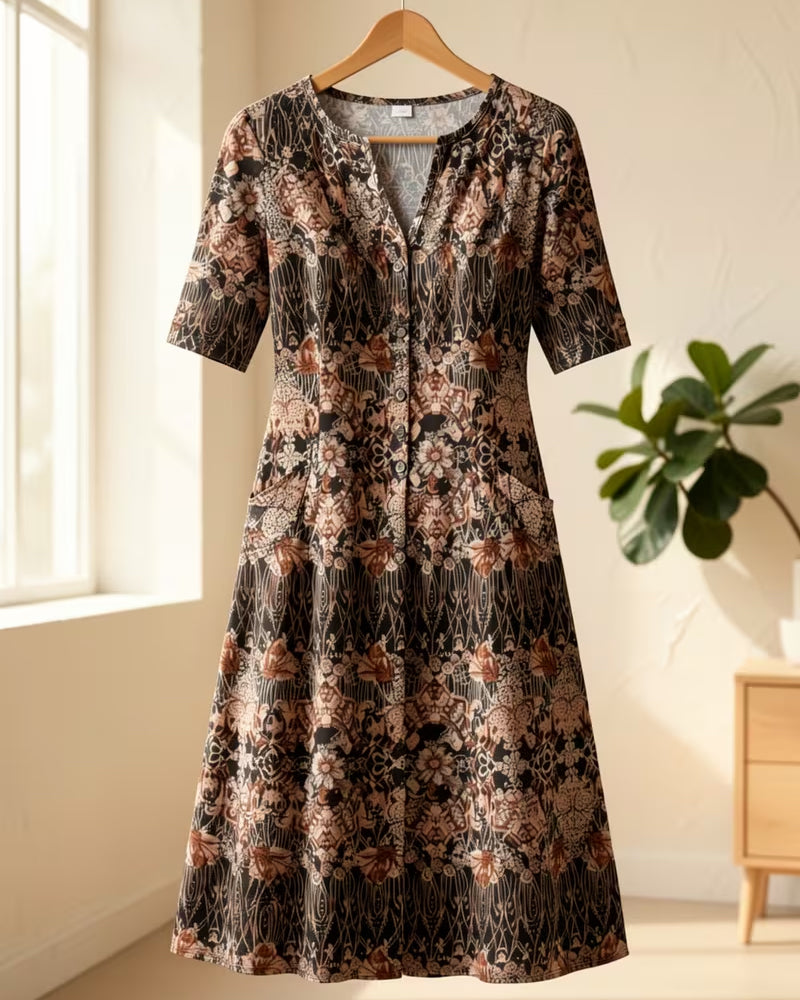 V‑neck Print Patchwork Mid‑sleeve Dress